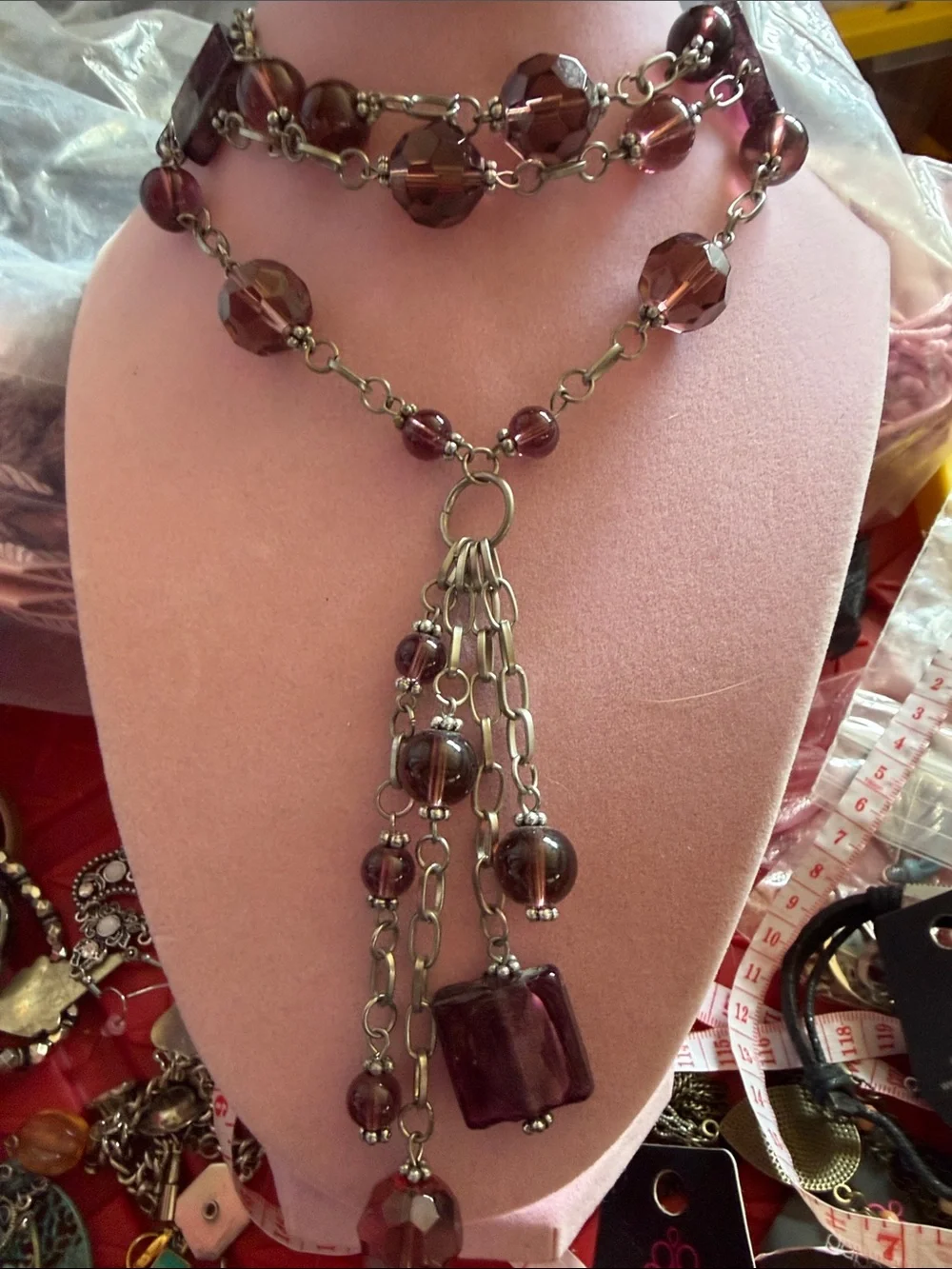 Long Purple Beaded Tassel Necklace, (J0116)